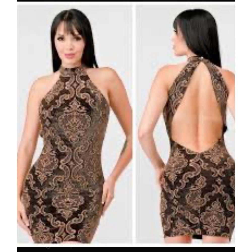 Privy Halter Dress Short Metallic Shimmer Gold Baroque Bodycon Party Night Large